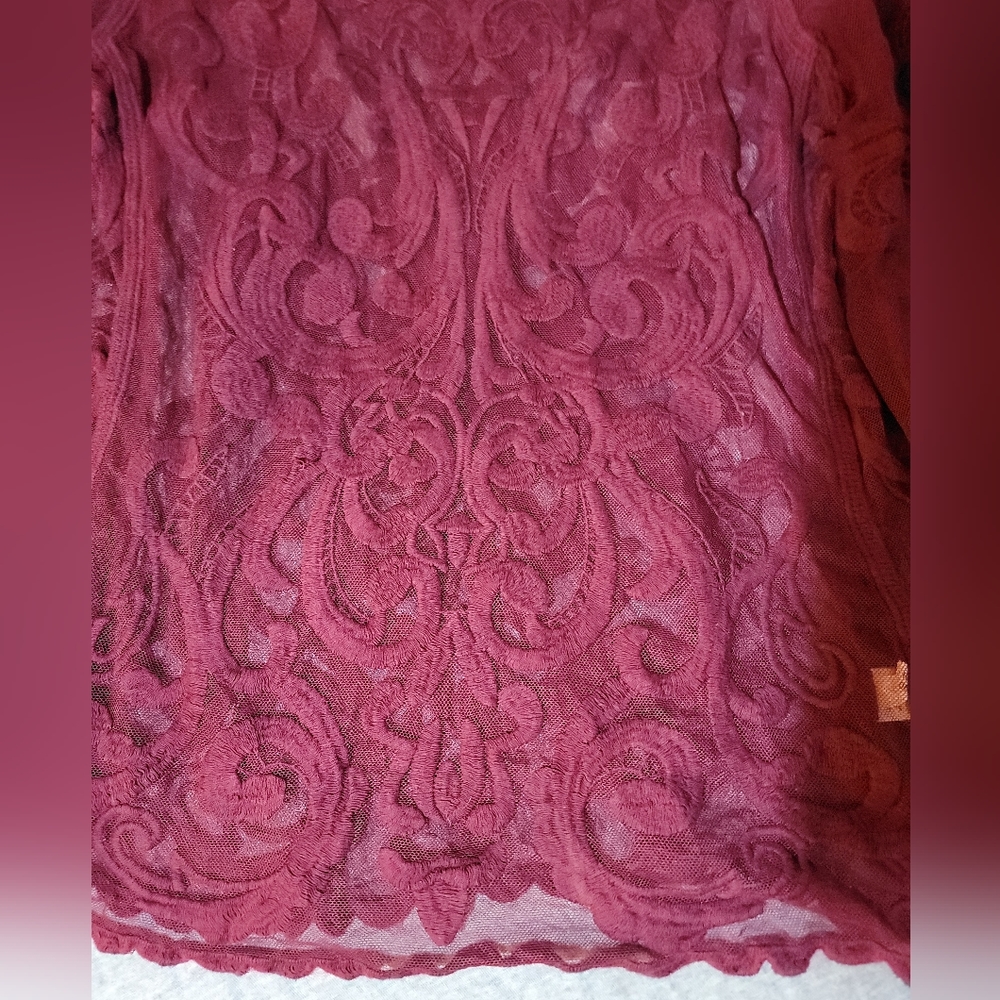 Sheer Burgundy/wine Lace Long Sleeve Shirt - Picture 9 of 9